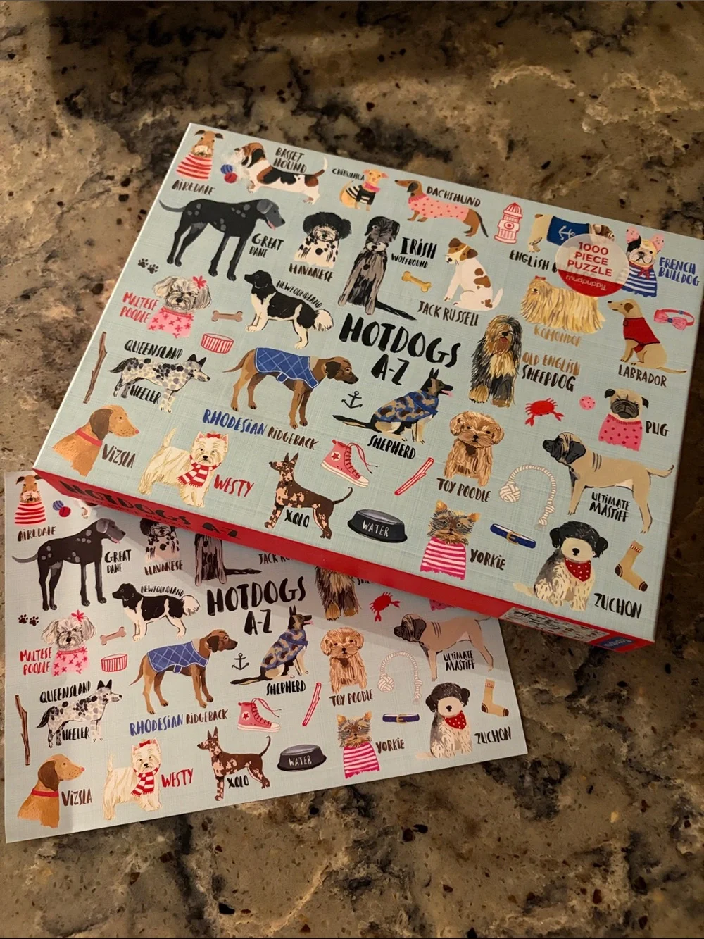 Hotdogs A-Z Dog Breed 1000 Piece Puzzle, by Mudpuppy, Asst Dogs and Colors